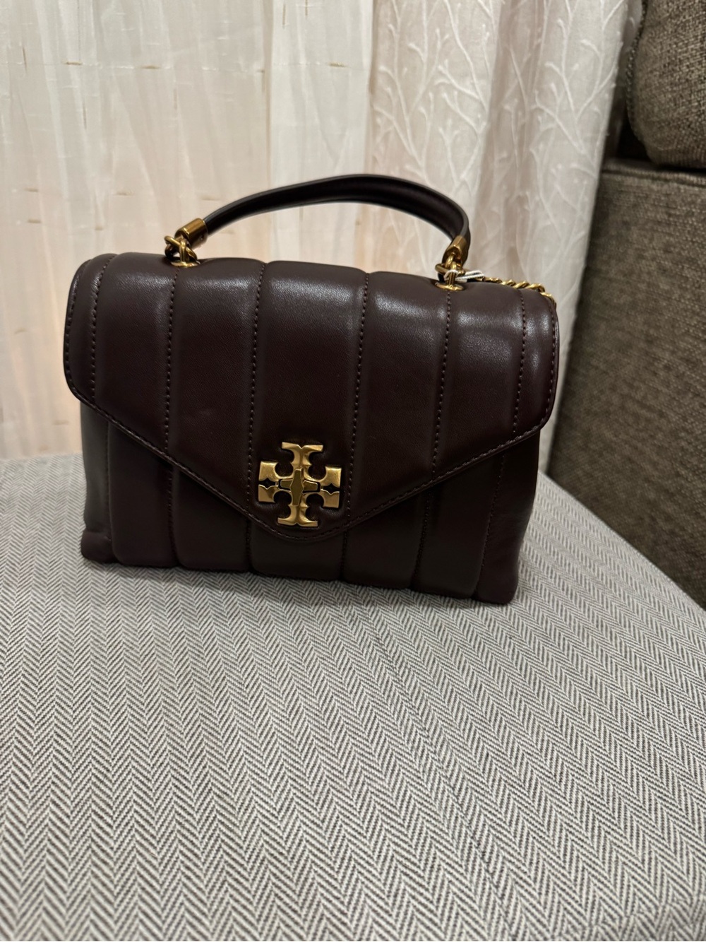 Tory Burch Quilted Top-Handle Leather Satchel in Deep Brown with Gold Hardware